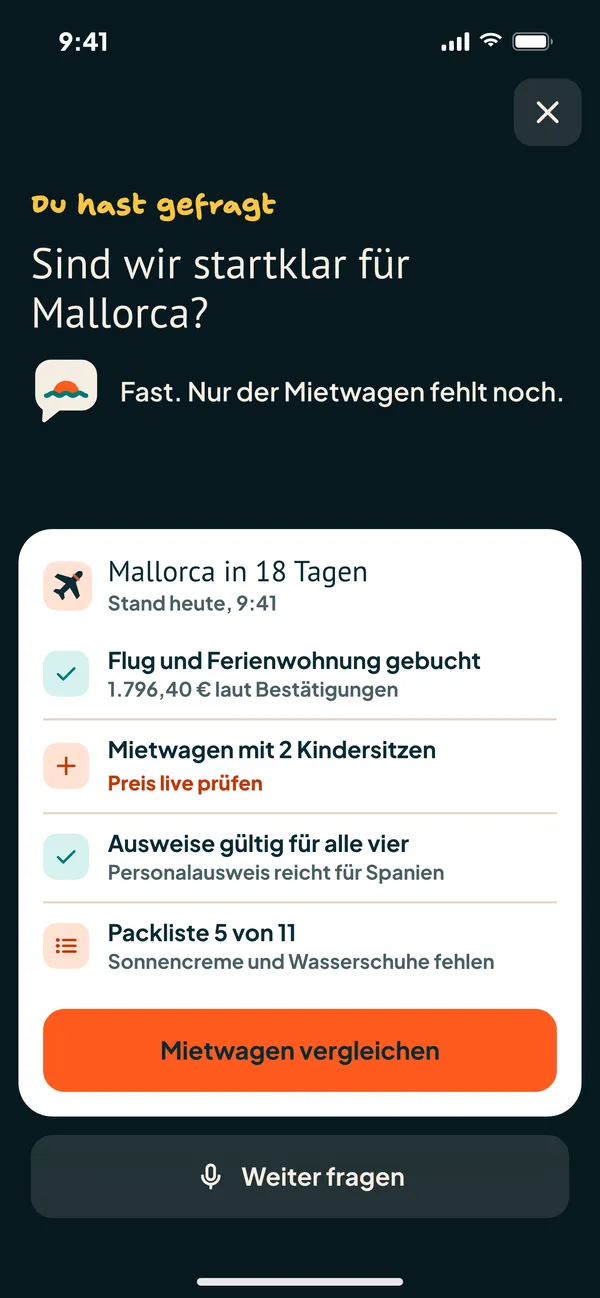 Genie beantwortet eine Frage zur Reise in der App