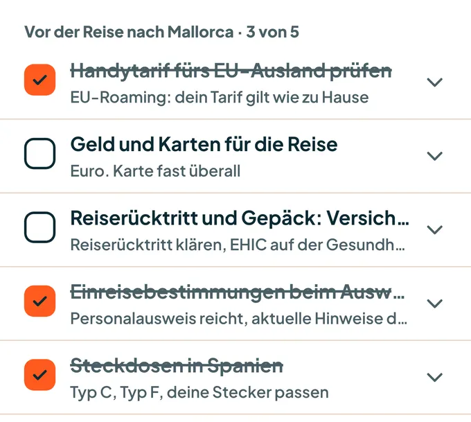 Packliste einer geplanten Reise in der App
