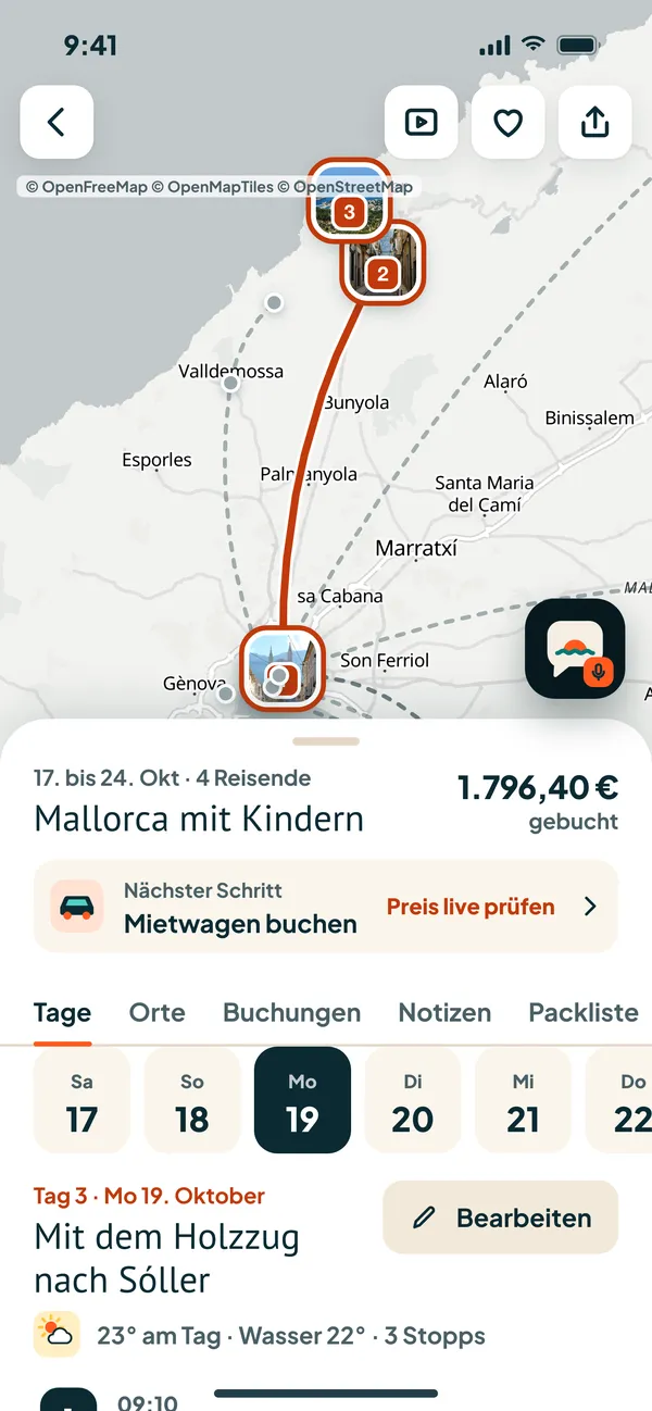 Eine geplante Reise mit Karte und Tagesplan in der App